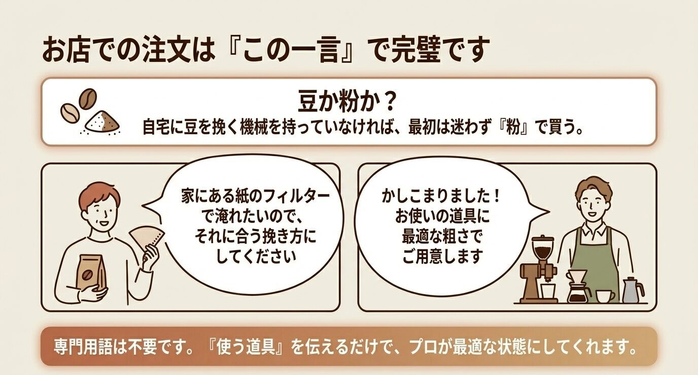 店頭での注文例として、豆か粉かの選び方と『家にある紙のフィルターで淹れたいので、それに合う挽き方にしてください』という伝え方を会話形式で示したスライド。