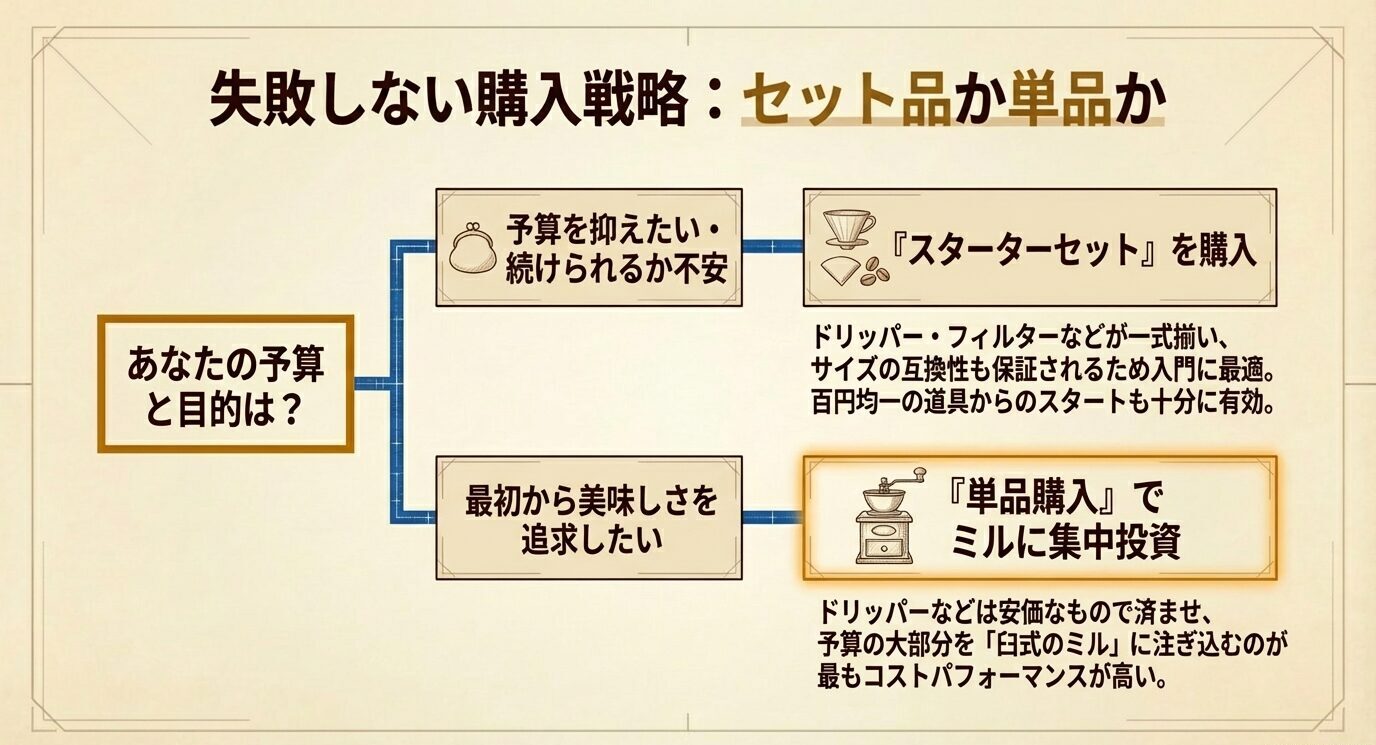 予算を抑えたい人はスターターセット、最初から美味しさを追求したい人は単品購入でミルに重点投資するのがよいことを示した判断図