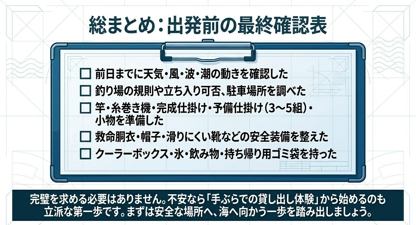 天気、釣り場ルール、道具、予備仕掛け、安全装備、クーラーボックス、ゴミ袋などの確認項目を並べたチェックリスト図