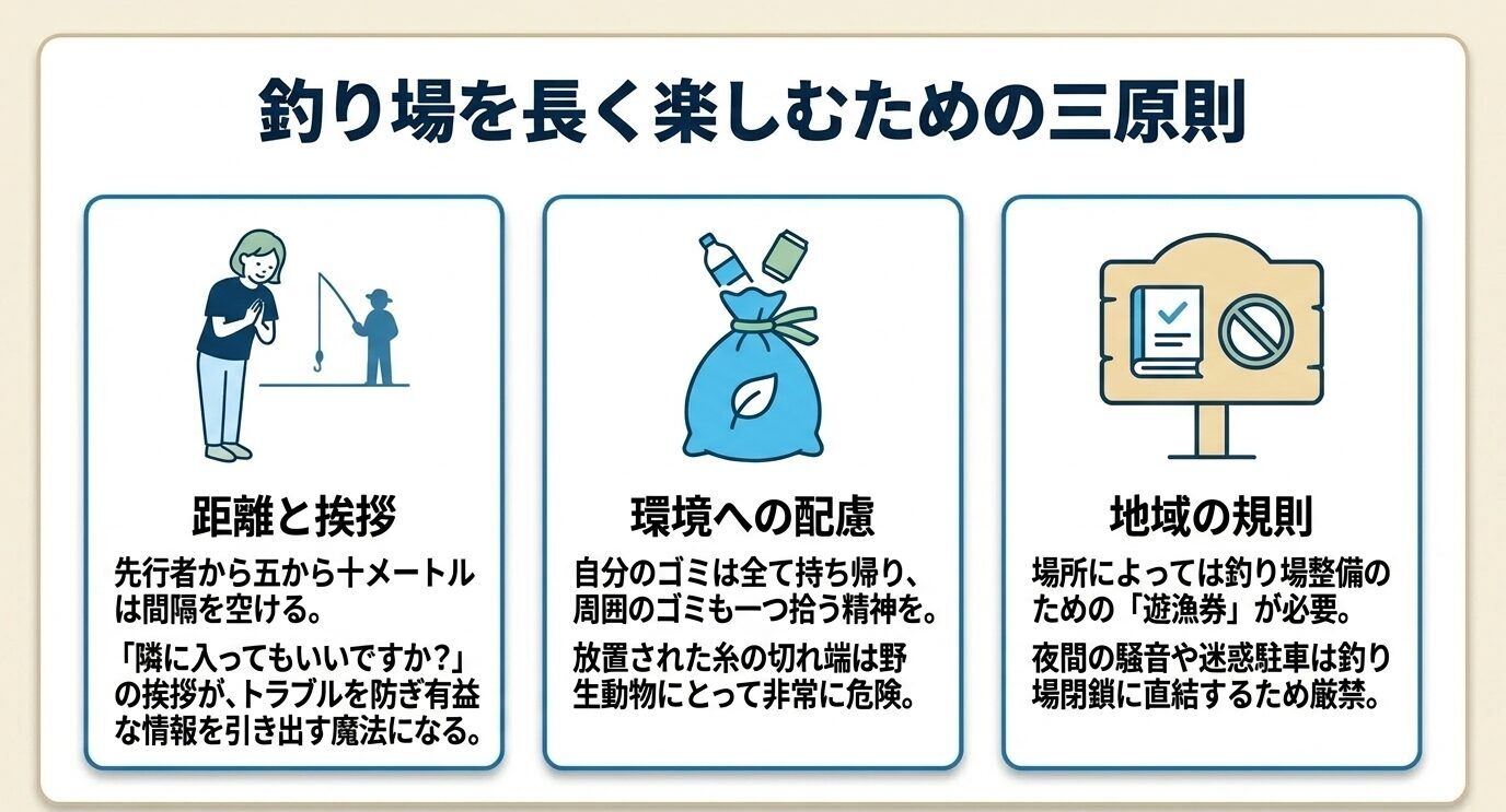 距離と挨拶、環境への配慮、地域の規則の3つをまとめた海釣りマナーの図
