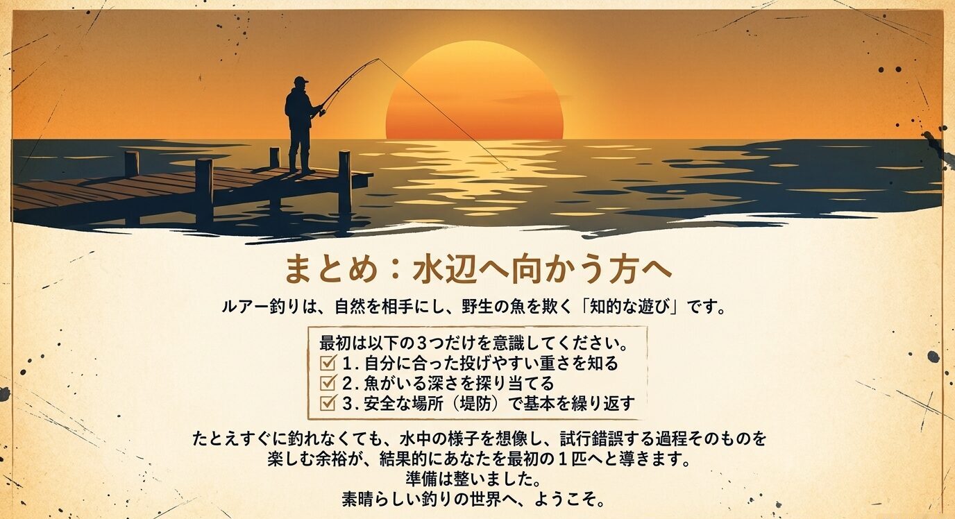 夕日の水辺で釣りをする人物のシルエットと、初心者が意識すべき3つの基本をまとめた締めくくりの図