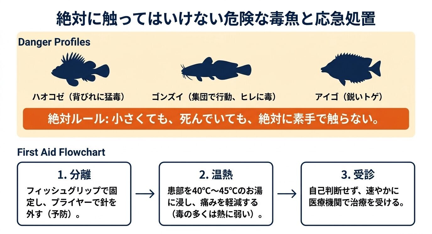 ハオコゼ、ゴンズイ、アイゴの危険性と、刺された際の応急処置手順を3ステップでまとめたスライド。