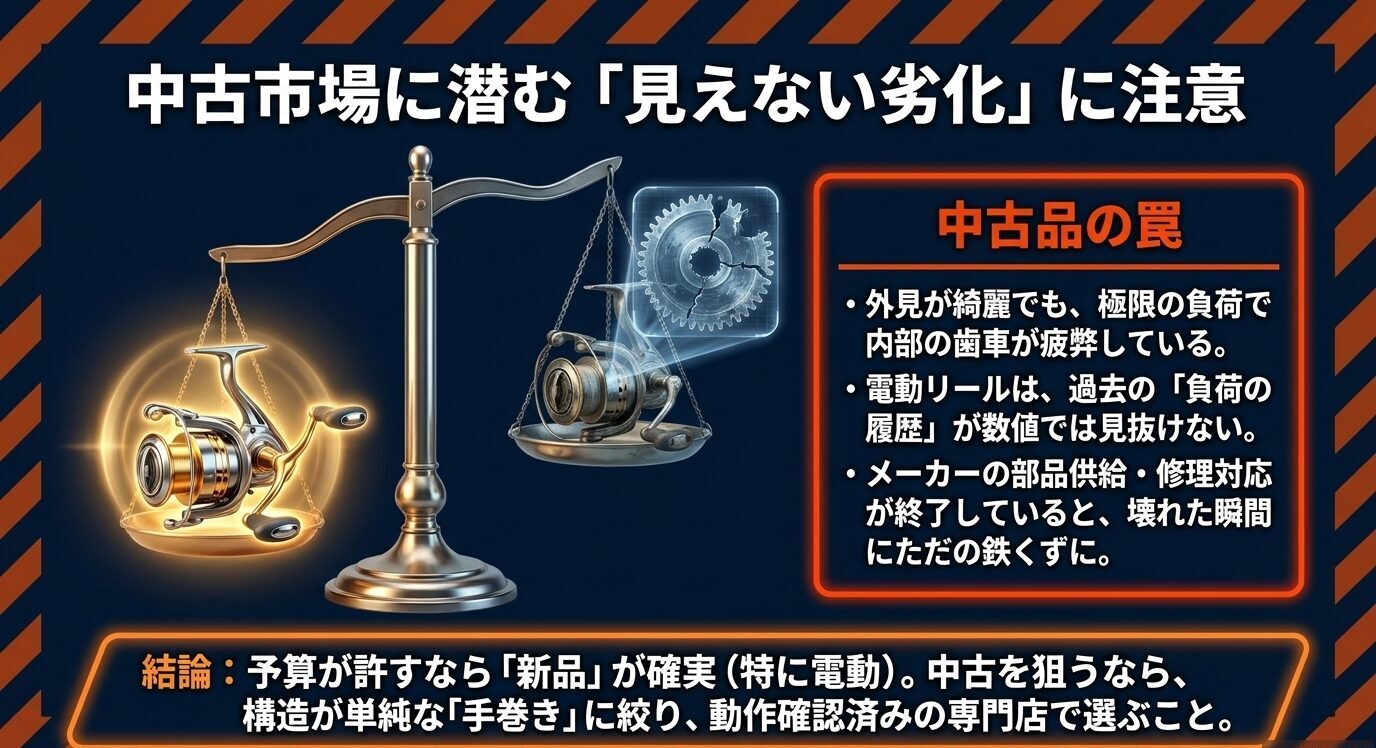 天秤とリールの図を使い、外見では分からない内部ギアの疲弊、電動リールの負荷履歴、部品供給終了リスクを示したスライド