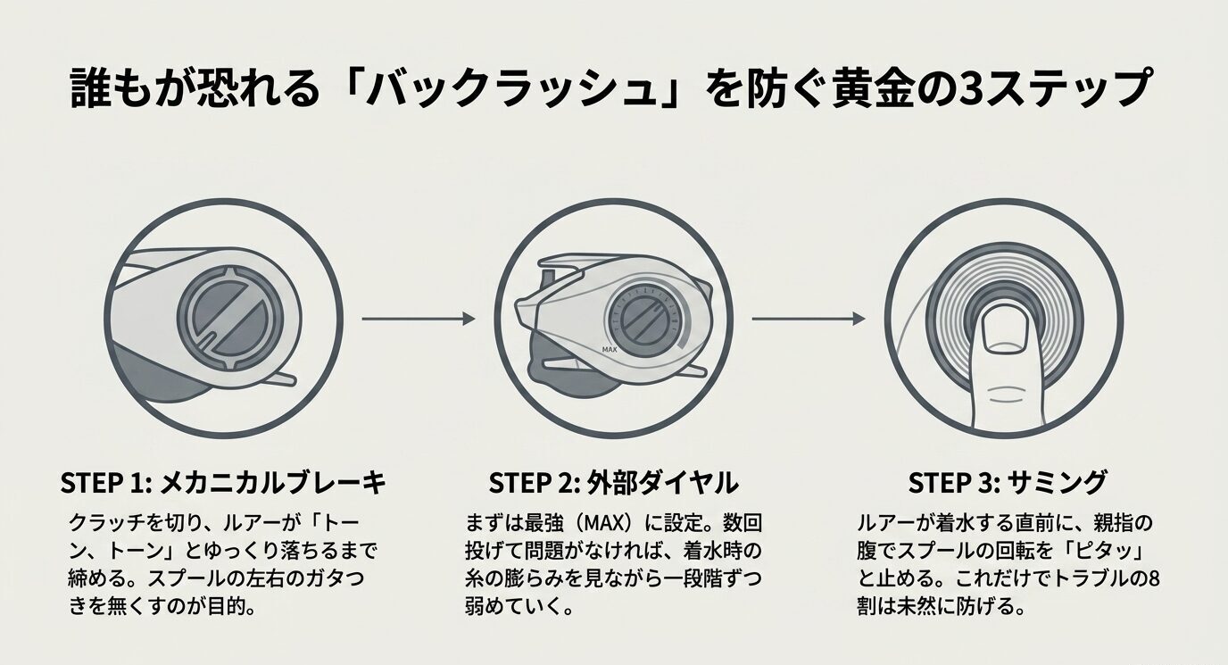 メカニカルブレーキ、外部ダイヤル、サミングの3手順でバックラッシュ対策を説明した図