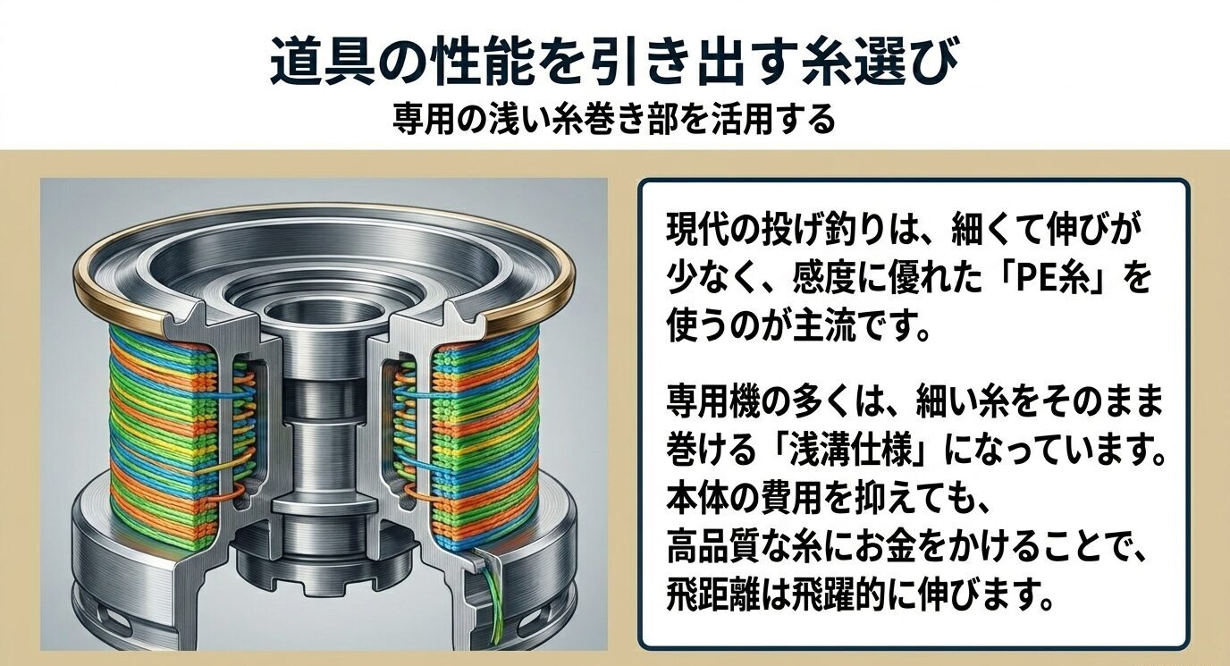 浅溝スプールにPEラインを巻いた断面イメージと、細糸を活かすことで飛距離が伸びることを説明した図