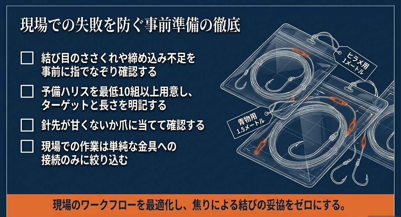結び目の傷確認、予備ハリスの準備、針先チェック、現場作業の簡略化など、釣行前の準備項目を図解したチェックリスト画像。