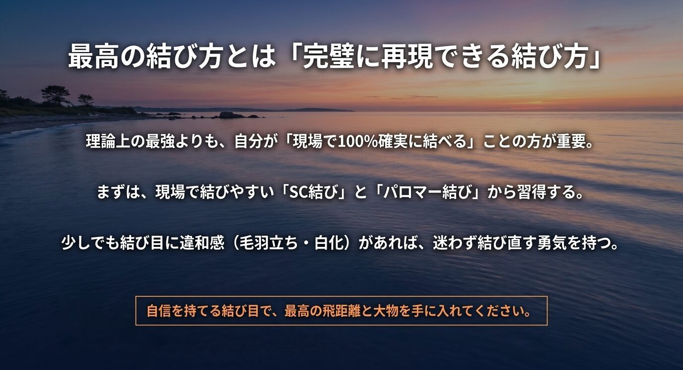 理論上の最強よりも現場で確実に再現できる結び方が重要だとまとめた、夕景の海を背景にした締めくくりスライド。