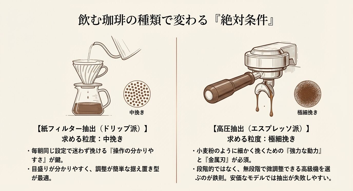 紙フィルターのドリップでは中挽き、エスプレッソでは極細挽きが必要になることを左右比較で示したスライド。