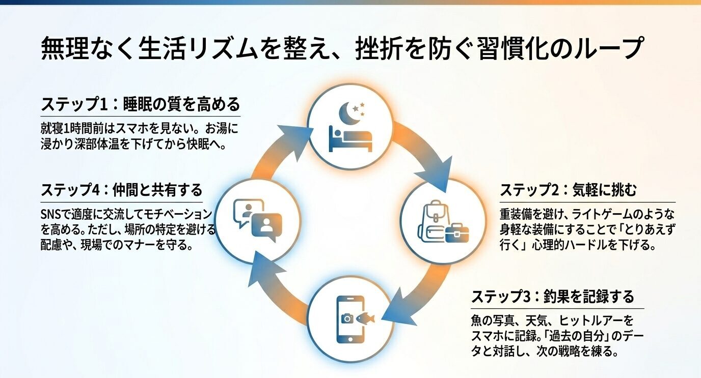 睡眠の質を高め、気軽に挑み、釣果を記録し、仲間と共有することで朝活釣りを無理なく続ける流れを示した図解