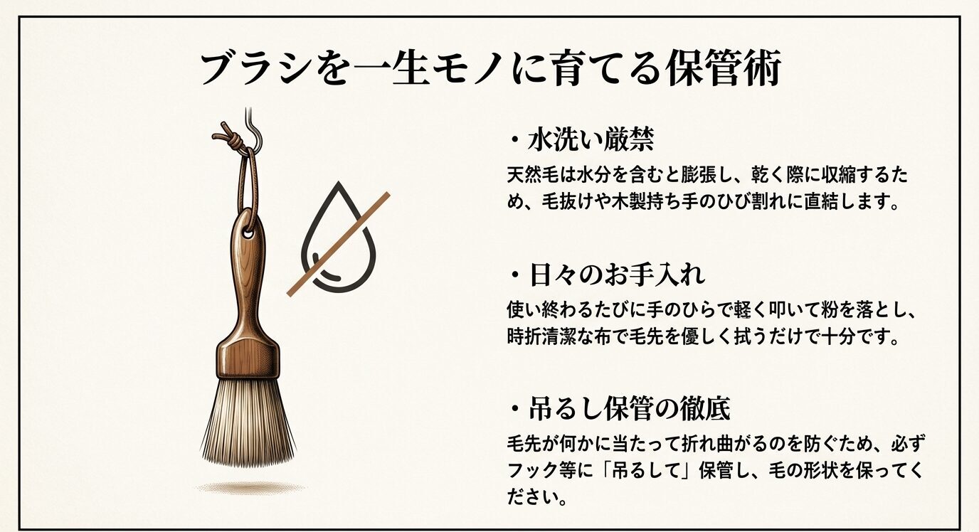 吊るして保管された天然毛ブラシのイラストとともに、水洗いを避けること、日々は粉を落として布で拭くこと、毛先を潰さず吊るして保管することを説明するスライド。