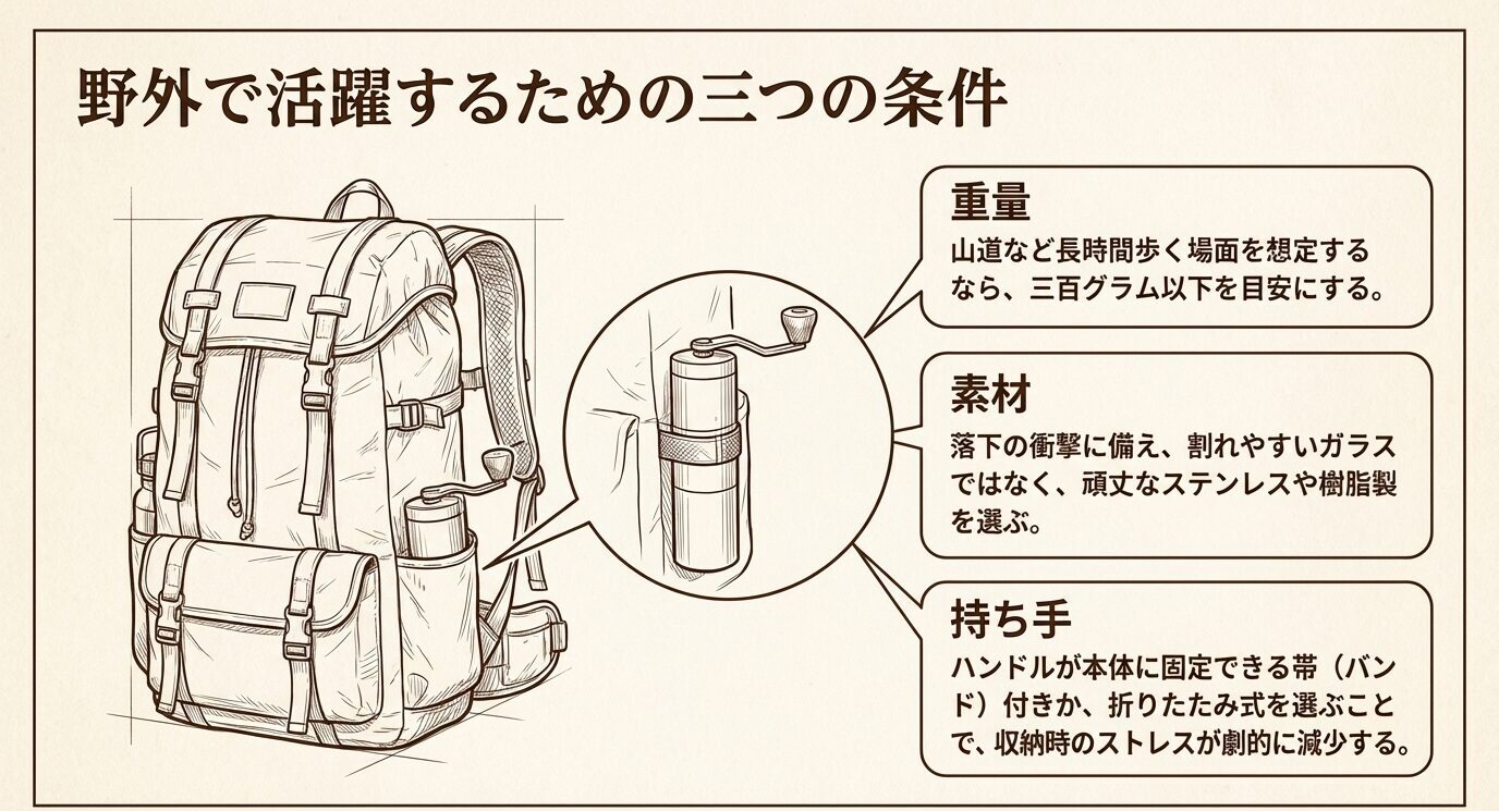 バックパックに収まる手動ミルのイラストとともに、重量、素材、持ち手の3条件を示したアウトドア向け比較スライド。