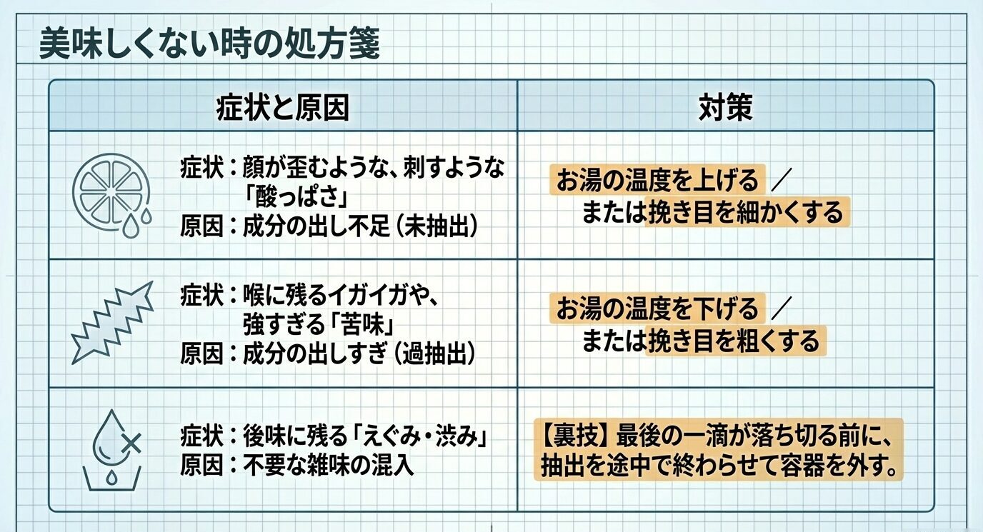 酸っぱさ、強い苦味、後味のえぐみについて、それぞれの原因と温度・挽き目・抽出終了タイミングの対策をまとめた表
