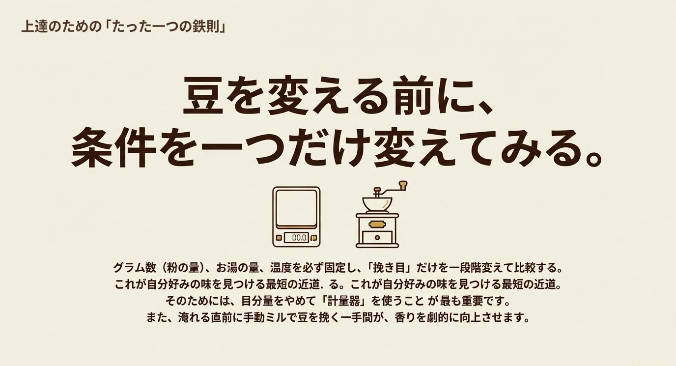 豆を変える前に条件を一つだけ変えるべきだと強調し、計量器とミルのアイコンを添えたスライド