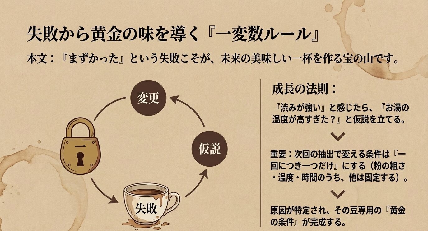 失敗した抽出から仮説を立て、条件を1つだけ変えて改善し、黄金の条件を見つける流れを示した図