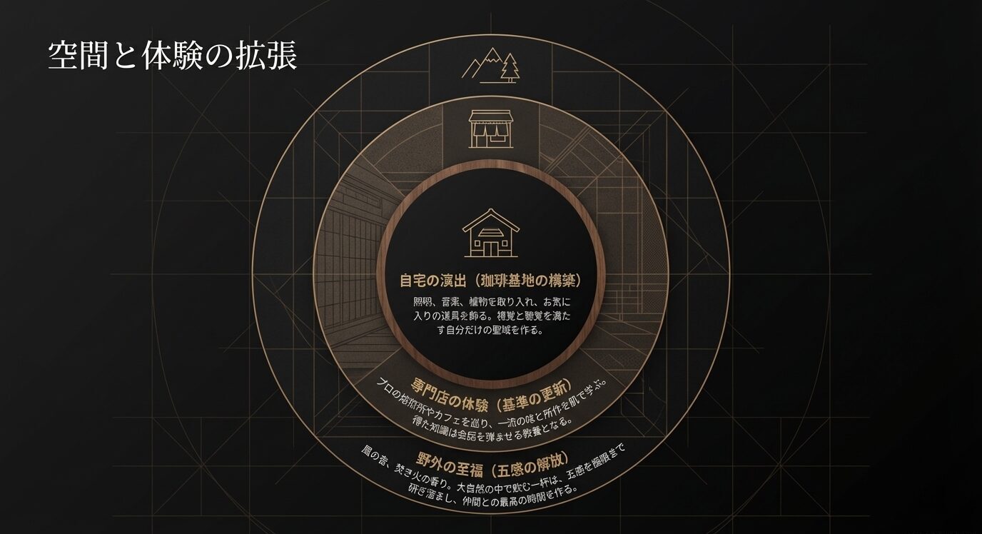 自宅の演出、専門店の体験、野外の至福という3層で、コーヒー趣味の広がりを示した同心円状の図。