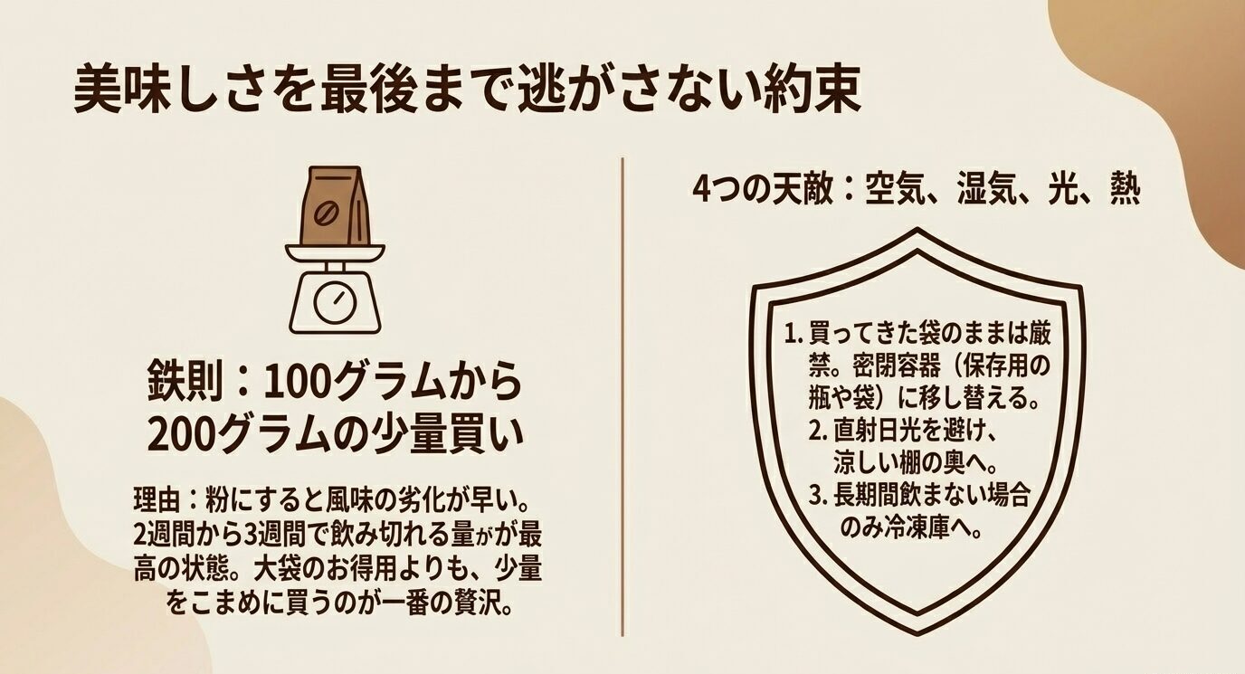 コーヒー豆は100グラムから200グラムの少量買いが基本で、保存時は空気・湿気・光・熱を避け、密閉容器や必要時のみ冷凍保存を使うべきだとまとめた図。