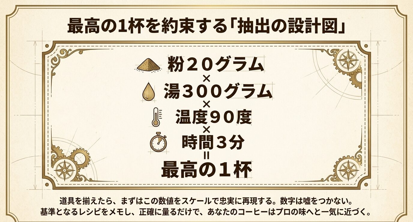 コーヒー粉20グラム、湯300グラム、温度90度、時間3分を基準に、再現性の高い抽出レシピを示した数値まとめスライド