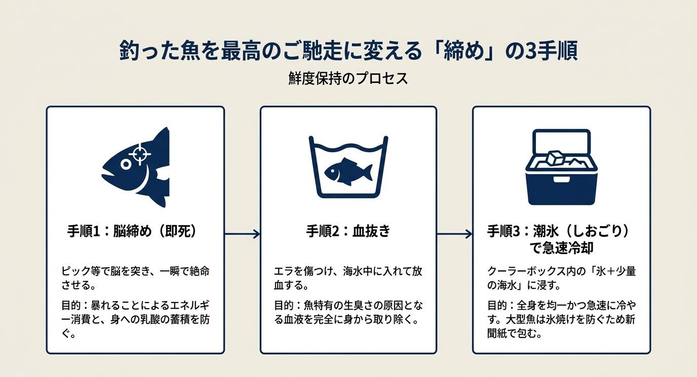 脳締め、血抜き、潮氷で冷却するという鮮度保持の3工程を順番に示した図。