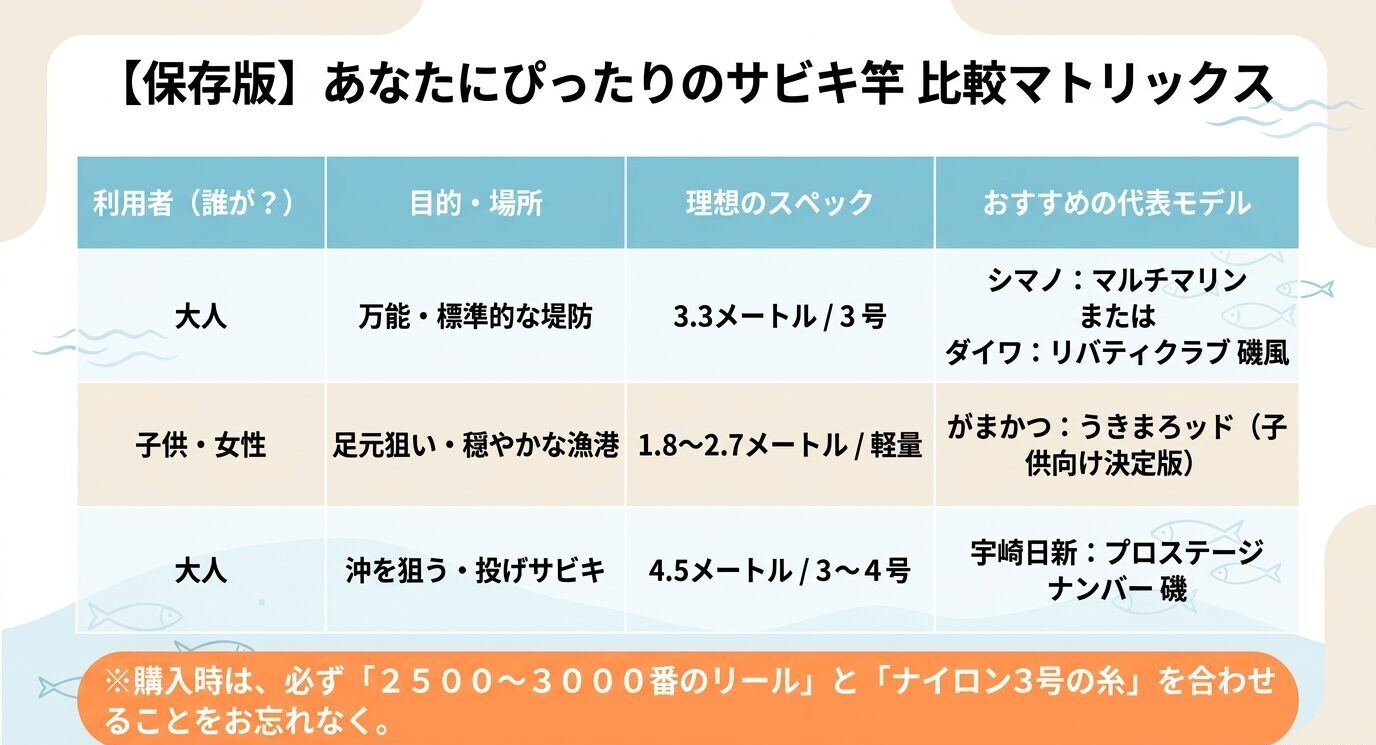利用者別に目的、理想スペック、おすすめモデルを一覧化し、大人向け、子供・女性向け、遠投向けの選び方をまとめた表。
