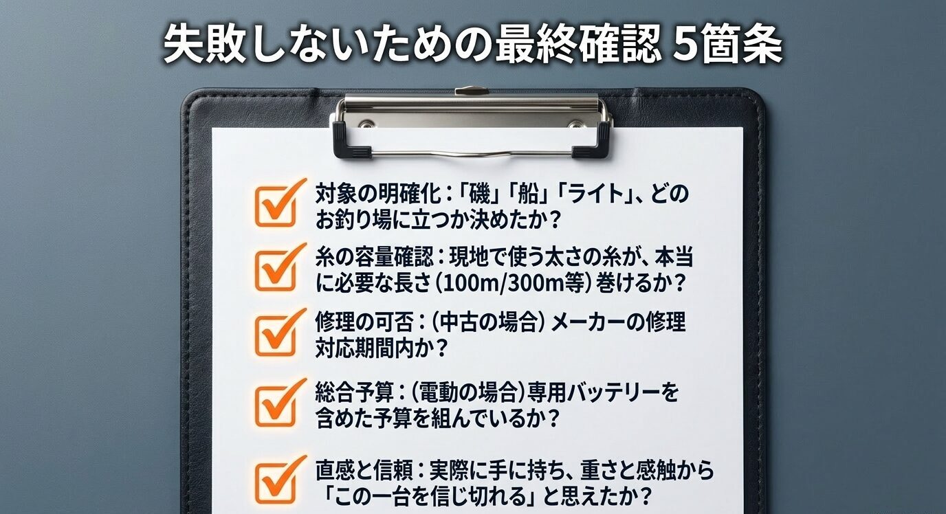 磯・船・ライトの選択、糸容量、修理可否、電動用予算、実機確認の5項目を並べたチェックリスト画像