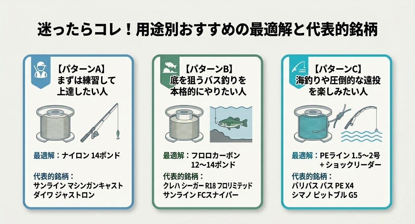 練習用ナイロン14ポンド、底狙いフロロ12〜14ポンド、海や遠投向けPE1.5〜2号と代表銘柄を3パターンでまとめた図