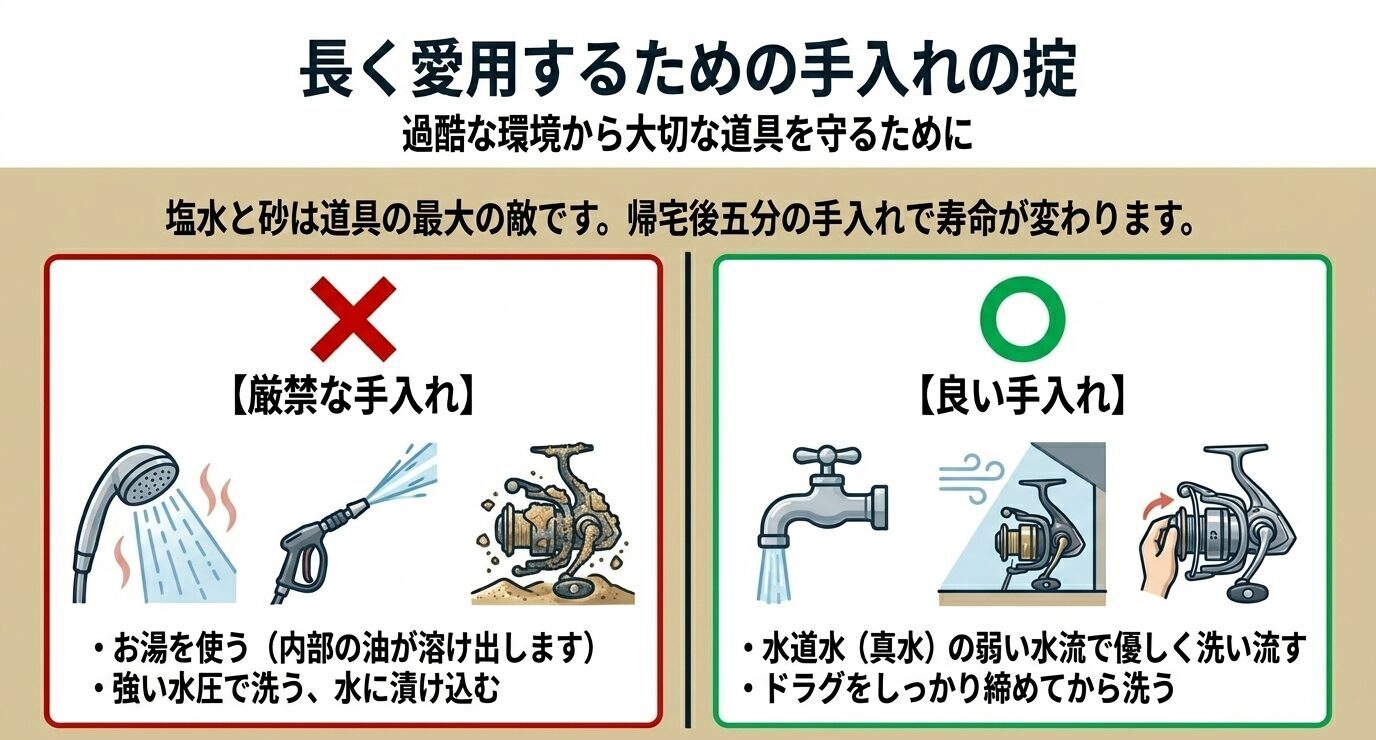 お湯や強い水圧は避け、真水の弱い流水でドラグを締めて洗うのが正しい手入れだと示した比較図