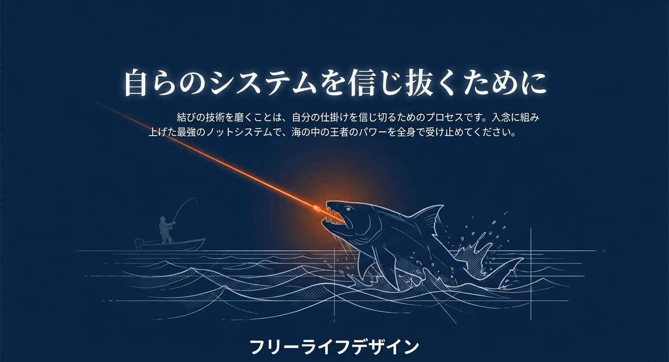 海上で大物魚と対峙するシーンを描き、「自らのシステムを信じ抜くために」というメッセージを載せた締めのイメージ画像。