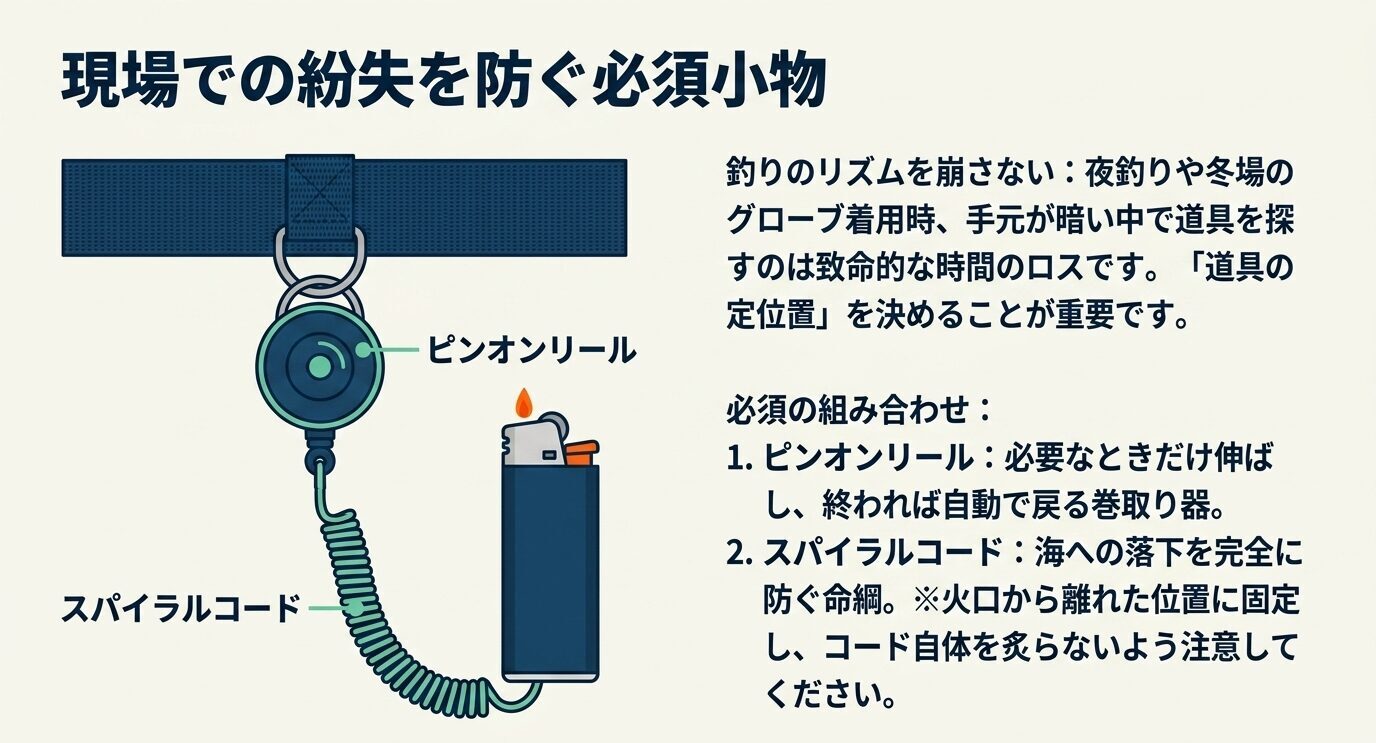 ベストに取り付けたピンオンリールとスパイラルコードでライターを固定する例を示した図