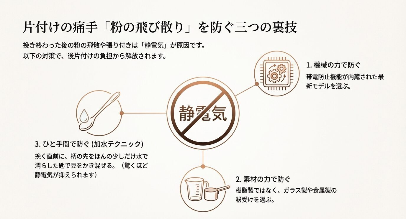静電気が粉の飛散の原因であることを示し、帯電防止機能、金属やガラス製容器、加水テクニックの3対策を図解したスライド。