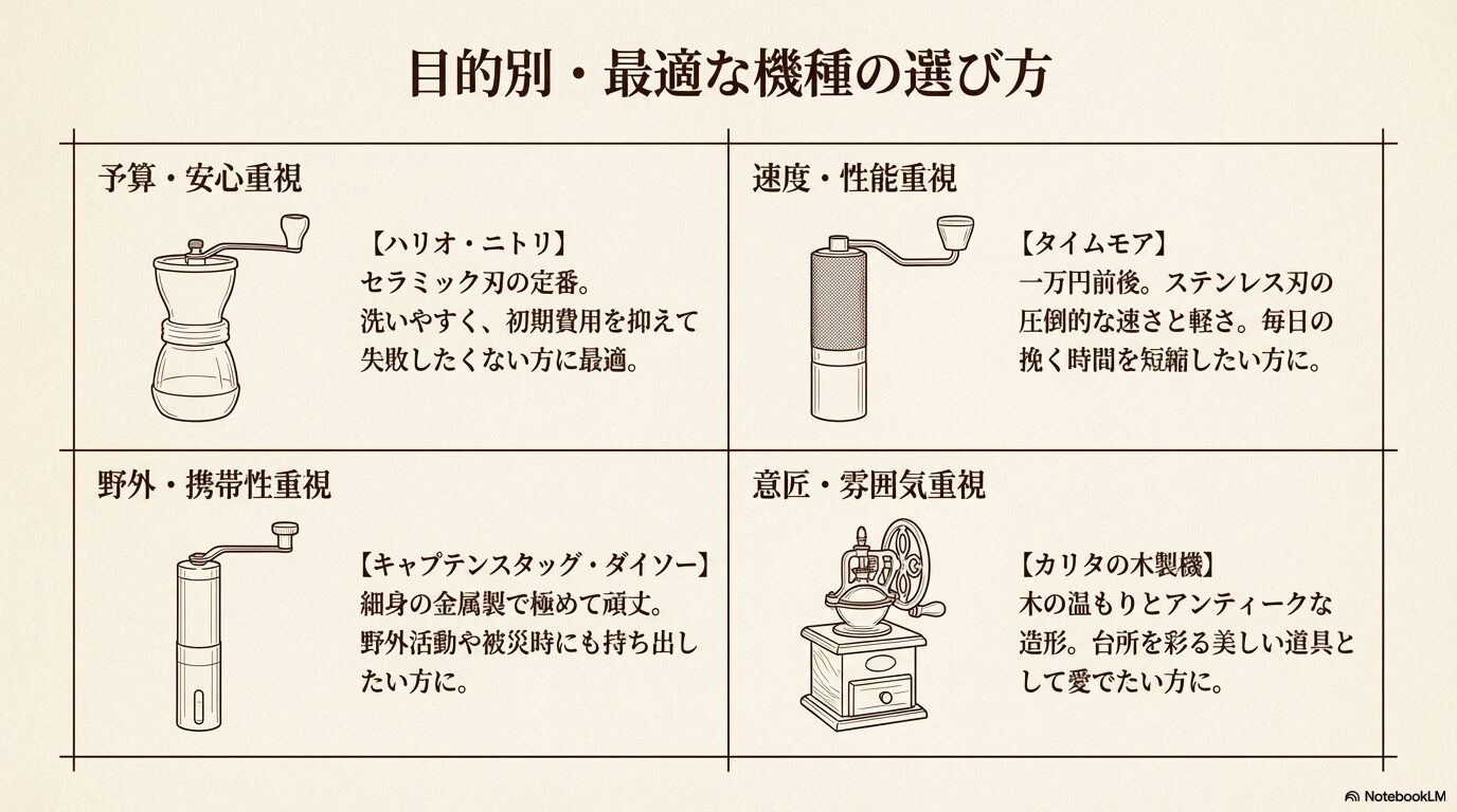 予算重視、速度重視、携帯性重視、意匠重視の4タイプに分けて、ハリオ・ニトリ・タイムモア・キャプテンスタッグ・ダイソー・カリタを整理した比較スライド。