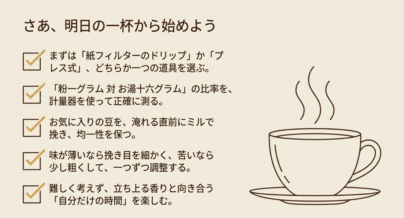 紙フィルタードリップかプレス式の選択、1対16の比率、挽き目調整などをまとめた最終チェックリストとコーヒーカップのイラスト