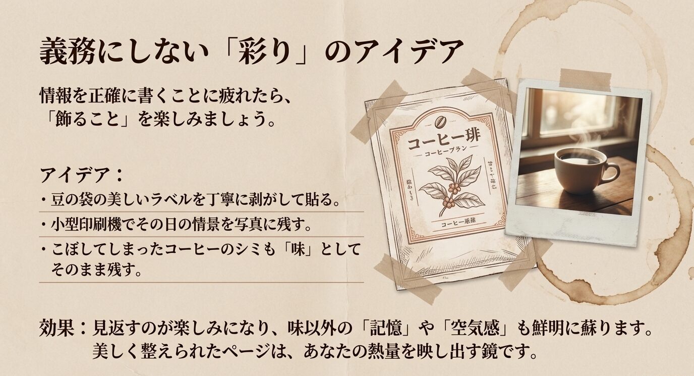 コーヒー豆のラベルや写真をノート風に貼り付け、記録を彩る方法を示したイメージ図