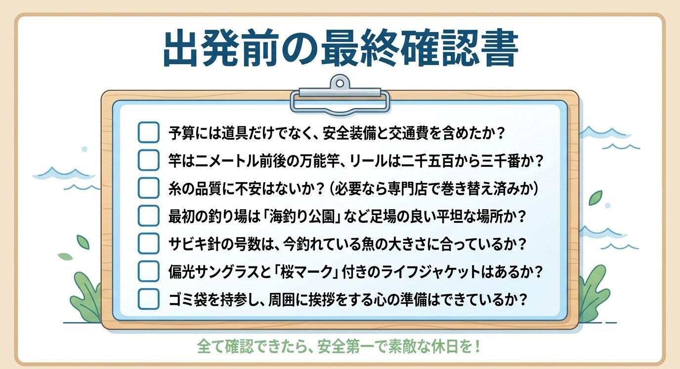 予算、竿とリール、糸、釣り場、安全装備、ゴミ袋などの出発前確認項目を並べたチェックリスト図
