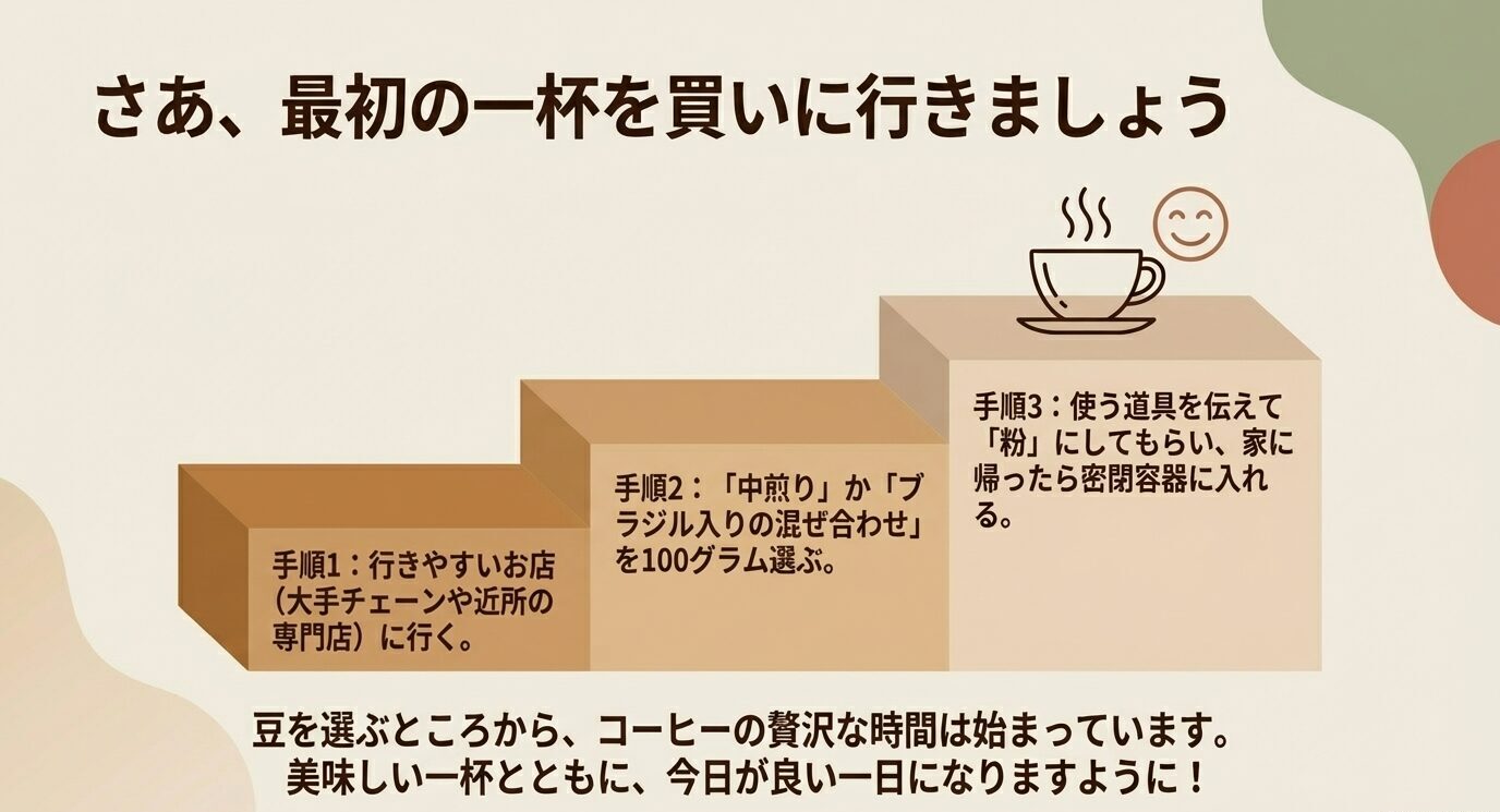 コーヒー豆選びの最初の行動として、行きやすい店に行く、中煎りかブラジル入りの豆を100グラム選ぶ、器具に合わせて粉にしてもらい密閉保存する、という3手順を階段状に示したスライド。