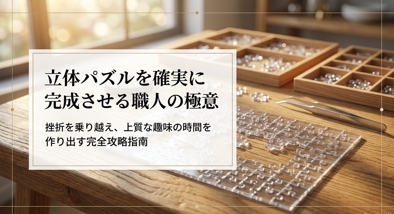 立体パズルのピースや作業道具が並ぶ机と、完成までの攻略ガイドを示したスライド