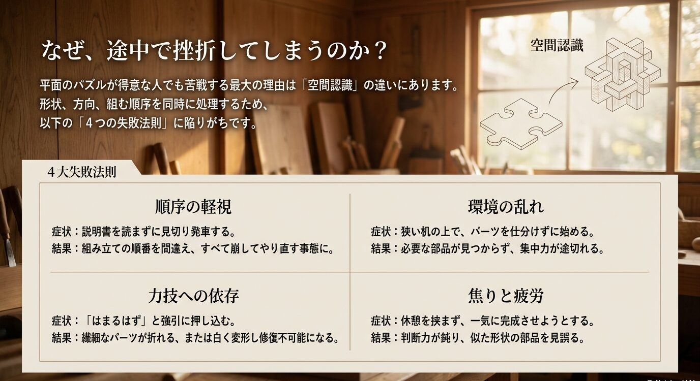 立体パズルで途中挫折しやすい4つの原因として、順序の軽視、環境の乱れ、力技への依存、焦りと疲労を整理したスライド