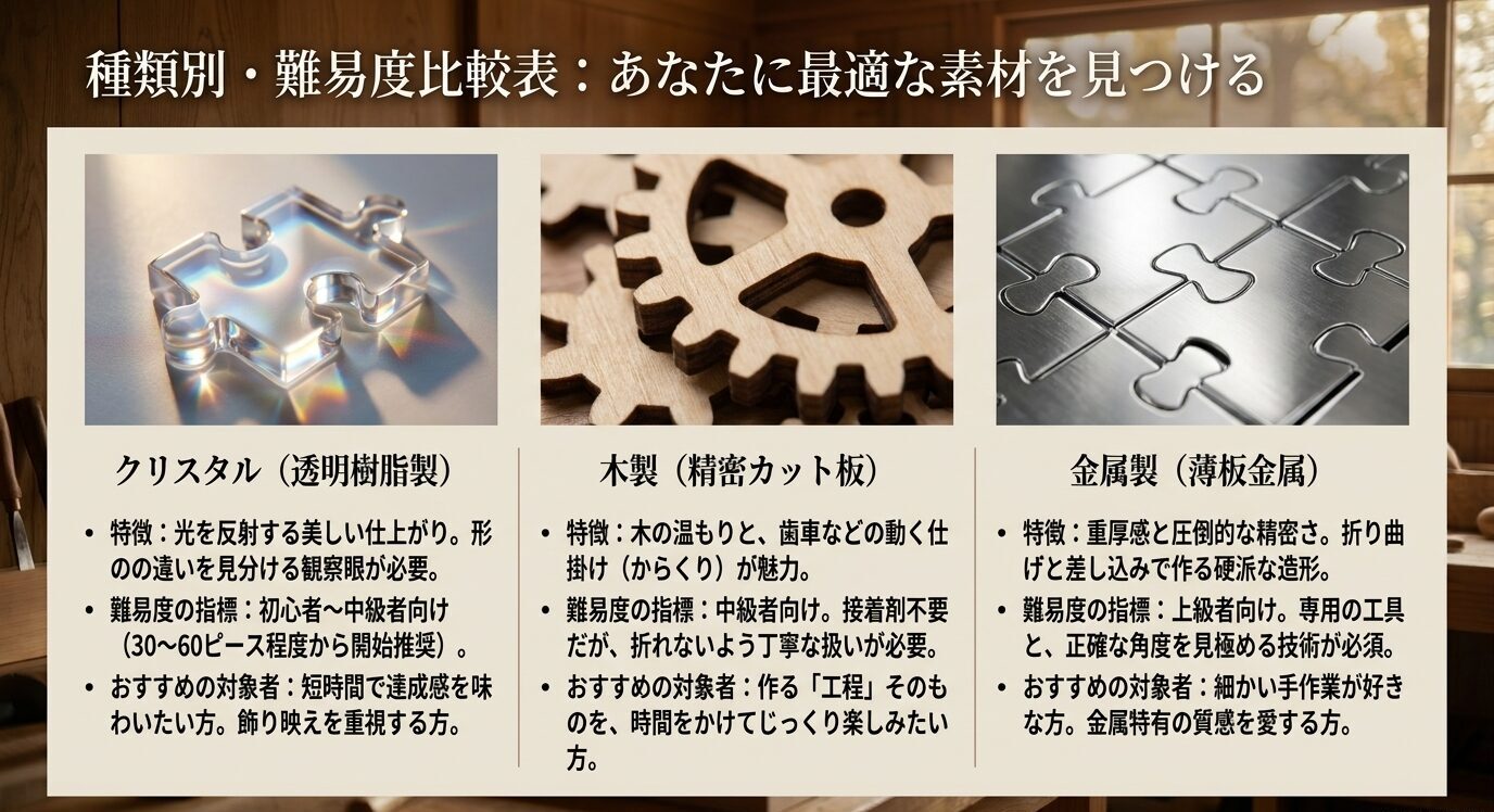クリスタルパズル、木製パズル、金属製パズルの特徴や難易度、向いている人を比較したスライド