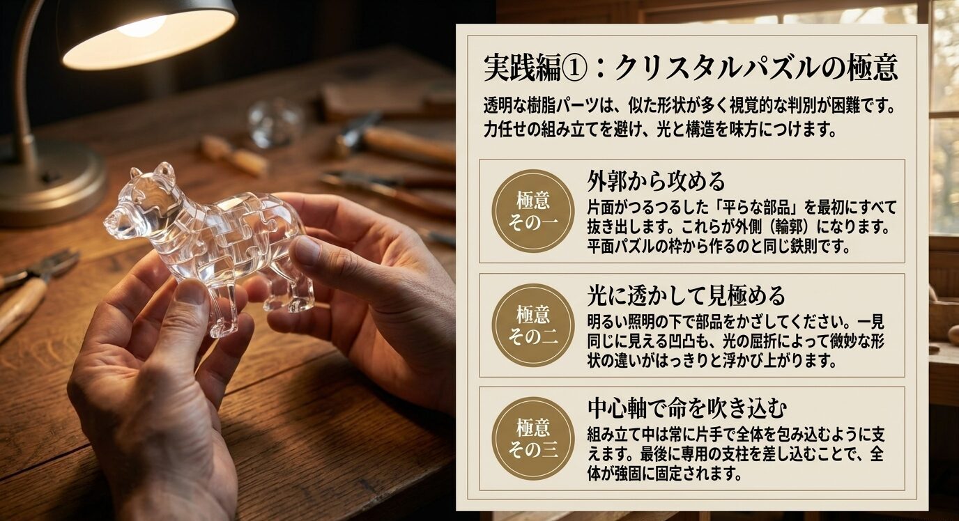 クリスタルパズルを外郭から組み、光に透かして見極め、中心軸で固定する手順を示したスライド