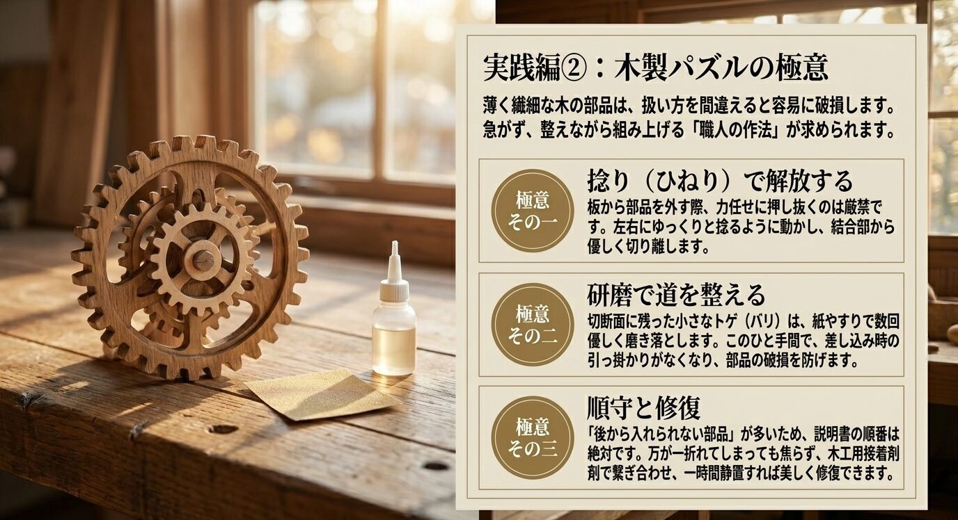 木製立体パズルのパーツをねじって外し、紙やすりで整え、説明書の順序を守って修復しながら組むコツを示したスライド