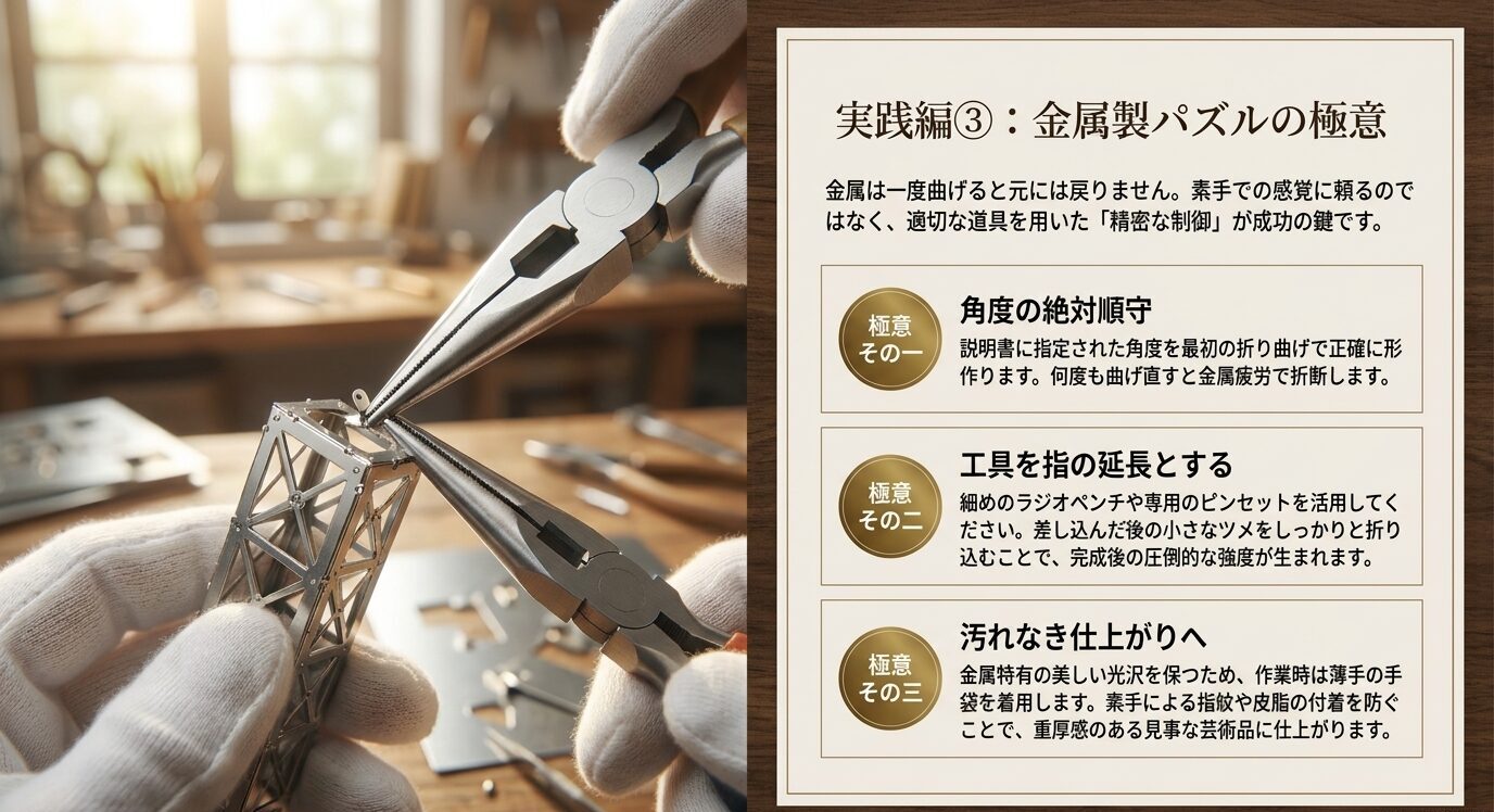 メタルパズルを指定角度で折り曲げ、工具を使い、手袋で汚れを防ぎながら仕上げるポイントを示したスライド