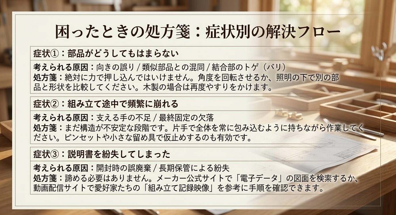 部品がはまらない、組み立て途中で崩れる、説明書を紛失した場合の原因と対処法を整理したスライド