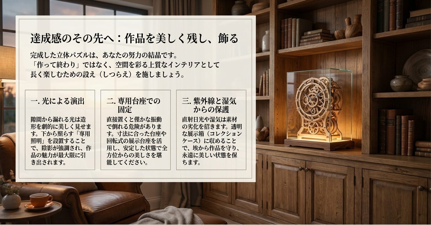 完成した立体パズルをライトアップし、専用台座や展示ケースで美しく保管する方法を示したスライド