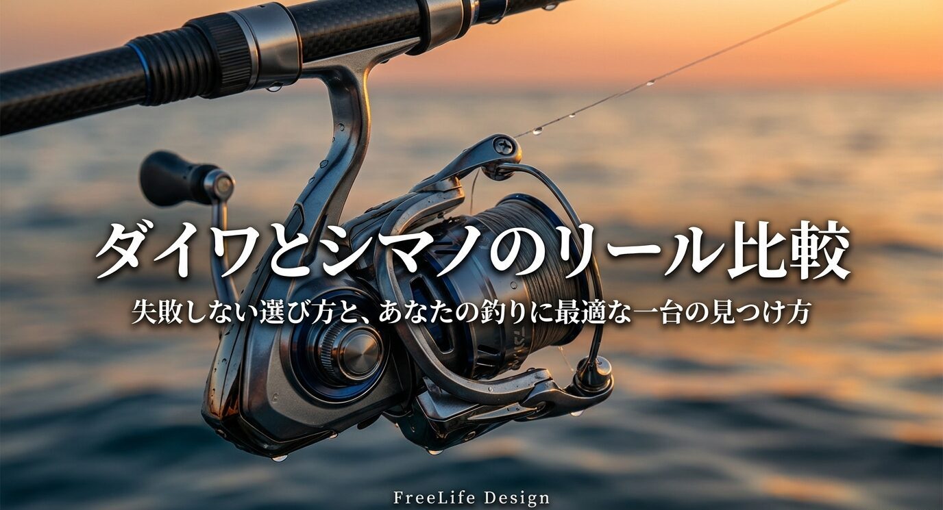 夕暮れの海辺のリール写真に「ダイワとシマノのリール比較」と表示されたタイトルスライド