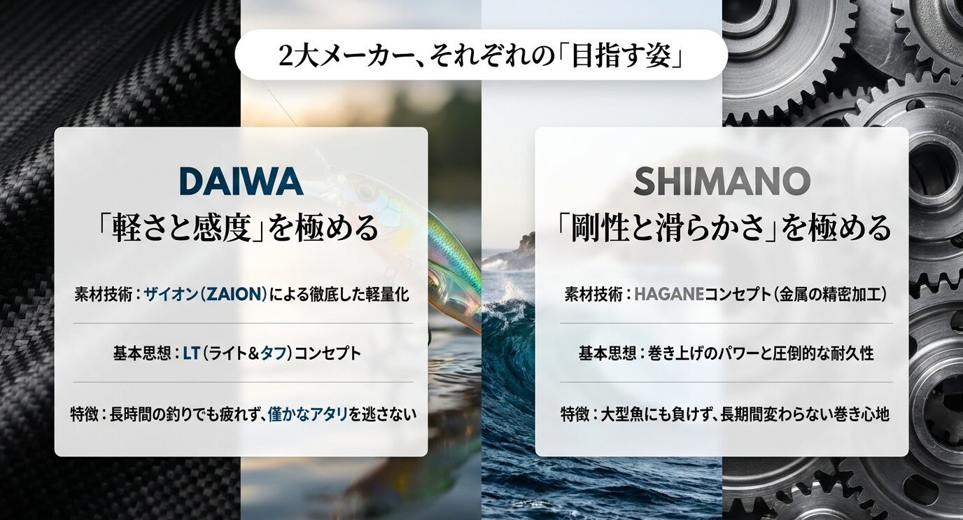 ダイワは軽さと感度、シマノは剛性と滑らかさを重視する設計思想の違いを示した比較スライド