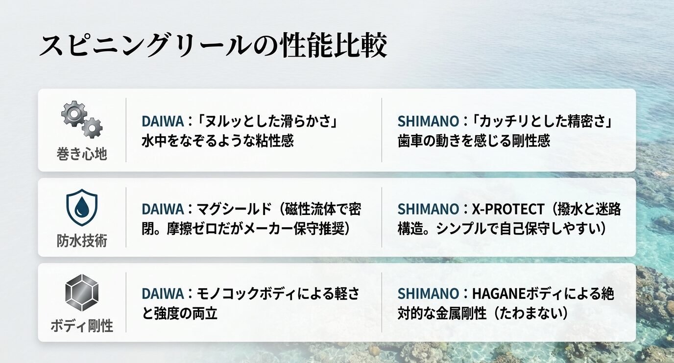 巻き心地・防水技術・ボディ剛性についてダイワとシマノの違いを比較したスライド