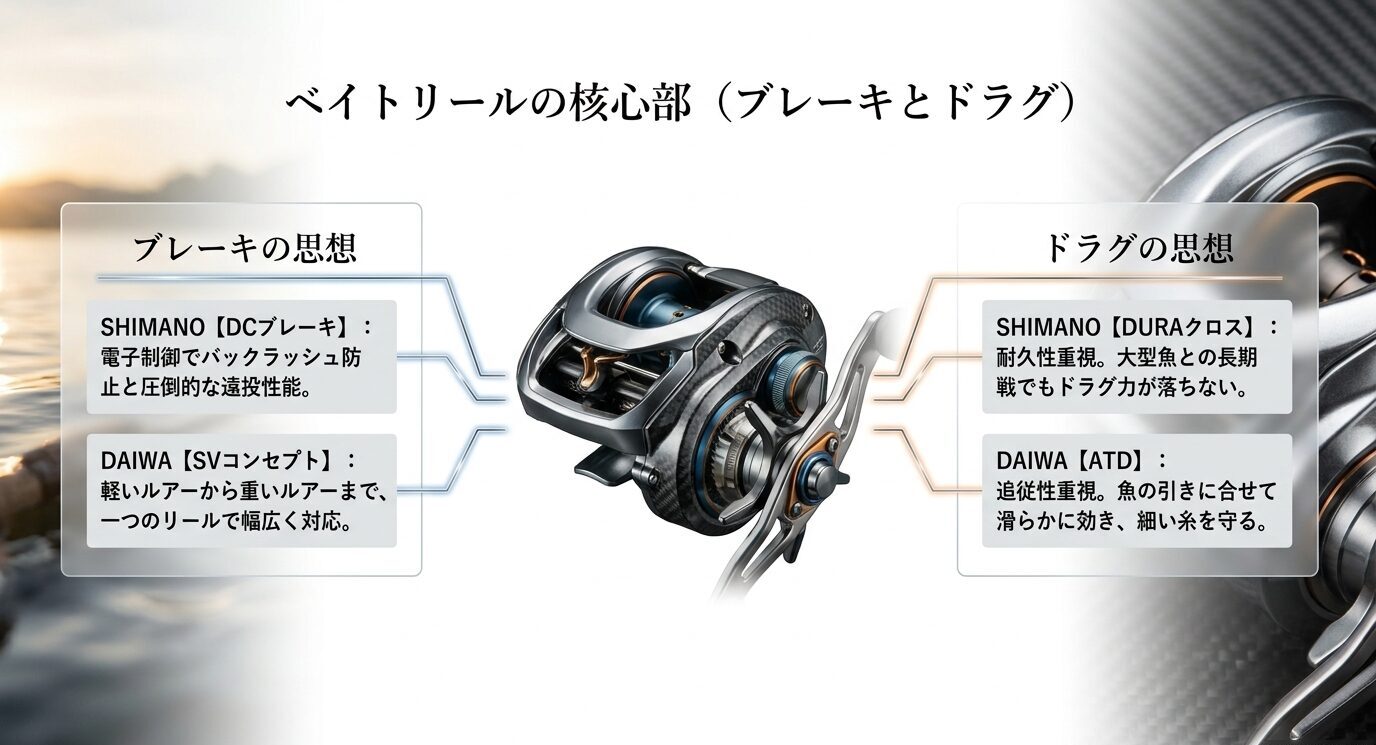 ベイトリールのブレーキ思想とドラグ思想についてシマノとダイワの特徴を整理したスライド