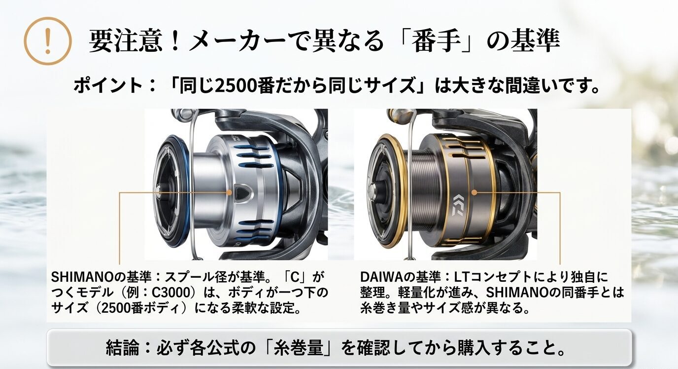 ダイワとシマノでは同じ番手でもサイズや糸巻量が異なるため公式情報確認が必要であることを示した注意喚起スライド