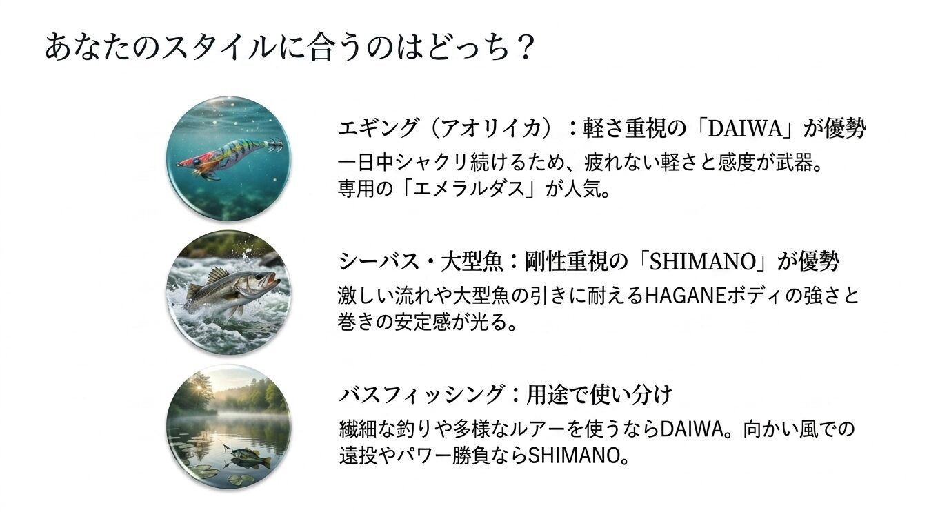エギング・シーバス・バスフィッシングごとにダイワとシマノの向き不向きを整理したスライド
