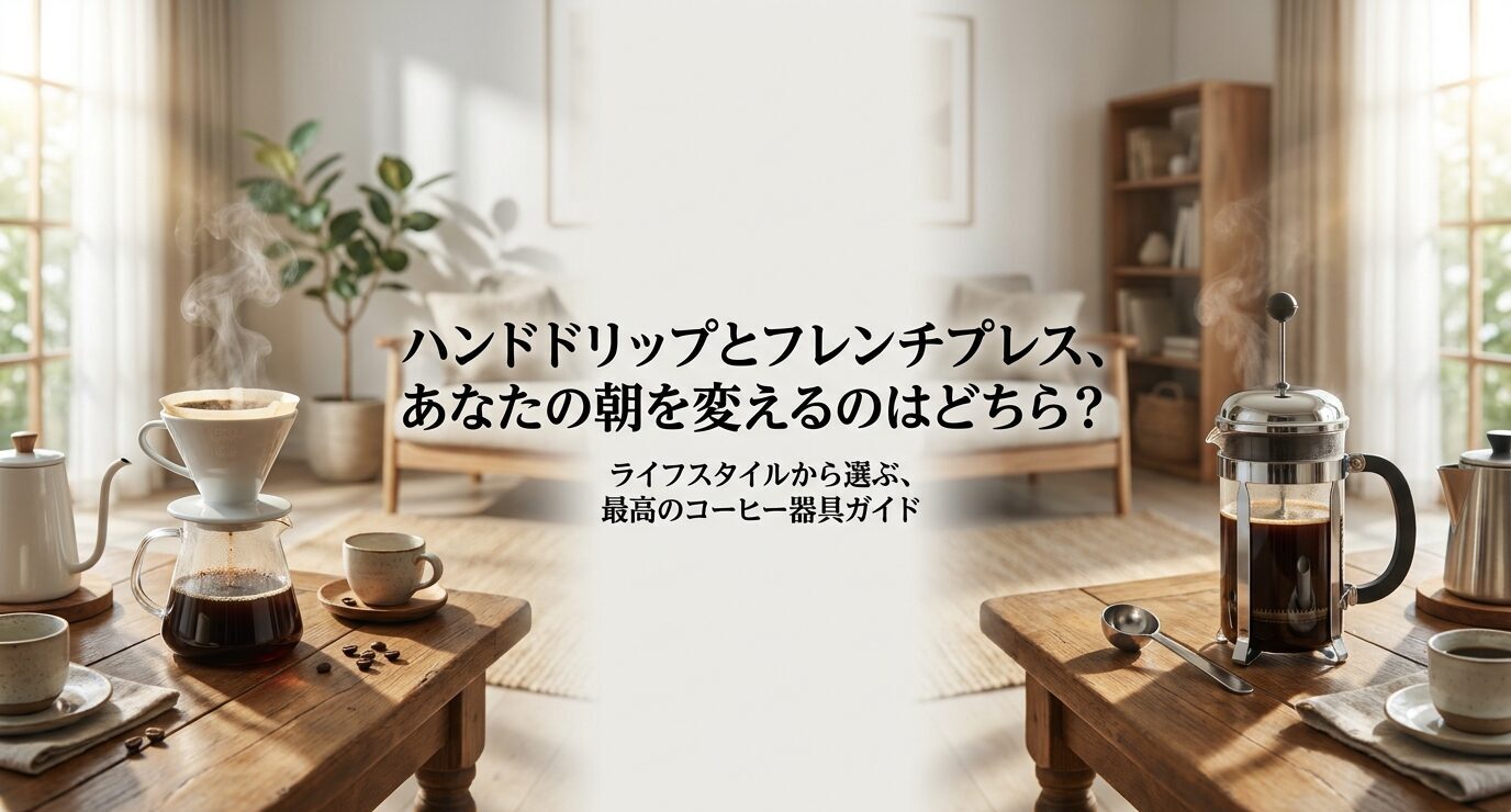 ハンドドリップとフレンチプレスを並べて、朝のコーヒー器具選びを表現したスライド