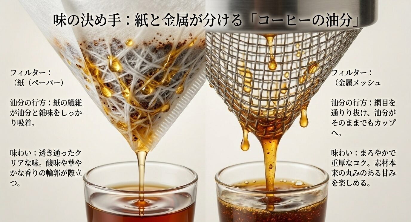 紙フィルターは油分や微粉を吸着し、金属フィルターはコーヒーオイルを通しやすいことを比較したスライド